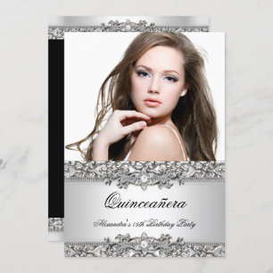 Quinceanera Elegante Silver White Diamond Foto Einladung