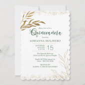 Quinceanera Elegante Smaragdgrün und Gold Leaf Einladung (Vorderseite)