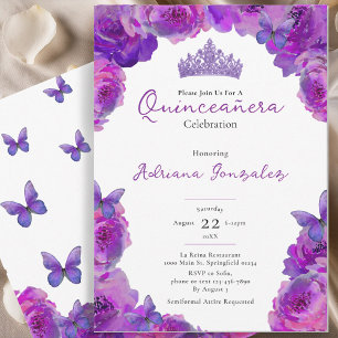Quinceanera Elegante Violette Florale Tiara XV 15 Einladung