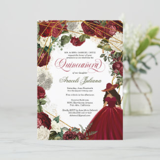 Quinceanera eleganter Charro Bordeaux Weiß Blumen Einladung