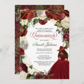 Quinceanera eleganter Charro Bordeaux Weiß Blumen Einladung (Vorne/Hinten)