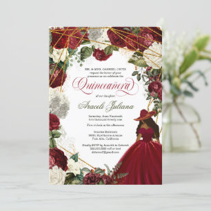 Quinceanera eleganter Charro Bordeaux Weiß Blumen Einladung