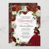 Quinceanera eleganter Charro Bordeaux weiße Blüte Einladung (Vorne/Hinten)
