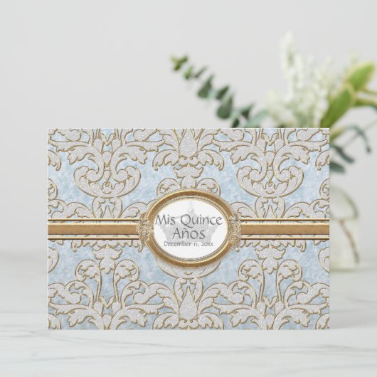 Quinceanera - Eleganter Leaf Damaskus Barock Einladung (Stehend Vorderseite)