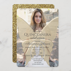 Quinceanera Elegantes Butterfly Gold Glitzer Foto Einladung