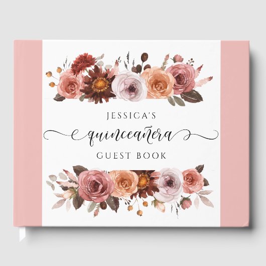 Quinceañera Elegantes Rosa und Burgund Blumen Gästebuch (Vorderseite)