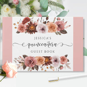 Quinceañera Elegantes Rosa und Burgund Blumen Gästebuch