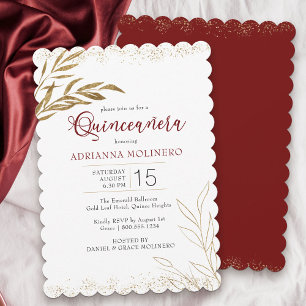 Quinceanera Elegantes Rot und Gold Blatt Einladung