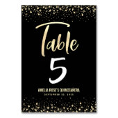 Quinceañera Elegantes Schwarzes Gold Script Glitze Tischnummer (Rückseite)
