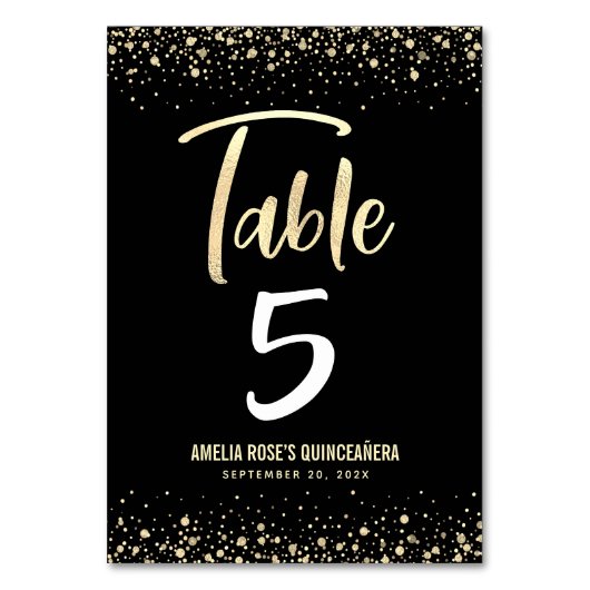 Quinceañera Elegantes Schwarzes Gold Script Glitze Tischnummer (Rückseite)