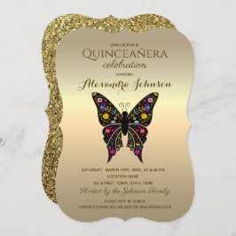 Quinceanera Elegantes Schwarzes und Gold Einladung