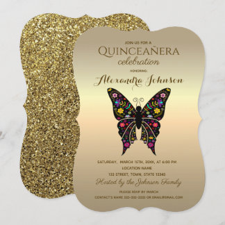 Quinceanera Elegantes Schwarzes und Gold Einladung