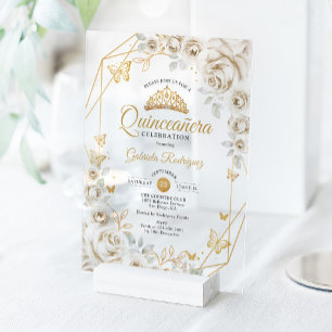 Quinceanera Elfenbein Gold Creme Floral Acryleinladungen