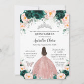 Quinceañera Emerald Blush Bloral Prinzessin Silver Einladung (Vorderseite)