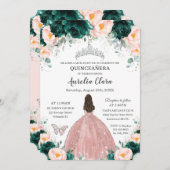 Quinceañera Emerald Blush Bloral Prinzessin Silver Einladung (Vorne/Hinten)