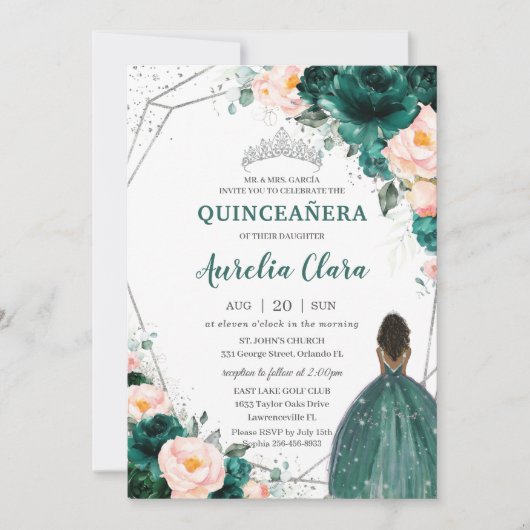 Quinceañera Emerald Blush Floral Brown Princess Einladung (Vorderseite)