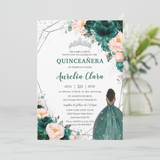 Quinceañera Emerald Blush Floral Brown Princess Einladung (Stehend Vorderseite)