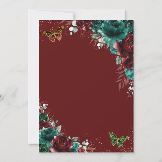 Quinceanera Emerald Burgundy Floral Butterfliegen Einladung (Rückseite)