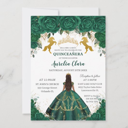Quinceañera Emerald Floral Princess Gold Pferde Einladung (Vorderseite)