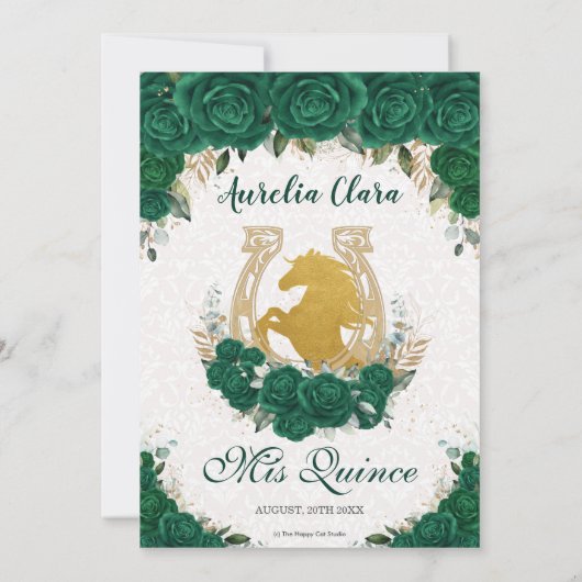 Quinceañera Emerald Floral Princess Gold Pferde Einladung (Rückseite)