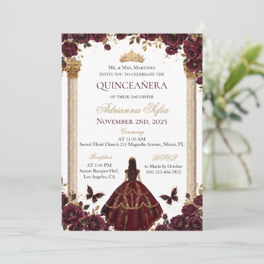 Quinceañera Emerald Gold Burgund Rose Prinzessin Einladung (Stehend Vorderseite)