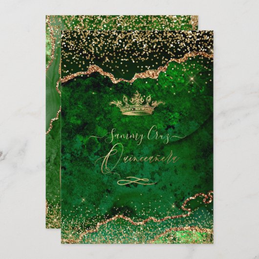 Quinceanera Emerald Green Agate Imitats Gold Dust Einladung (Vorne/Hinten)