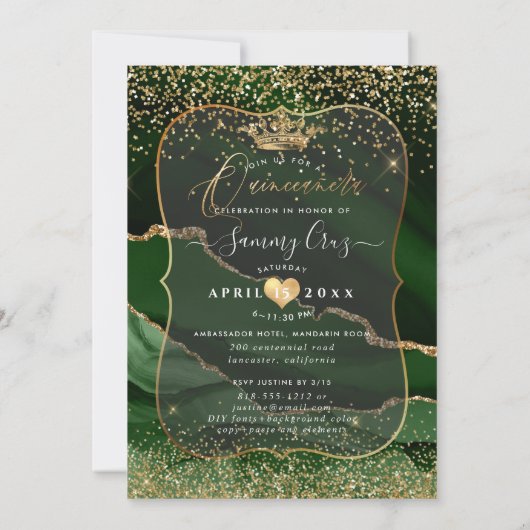 Quinceanera Emerald Green Agate Imitats Gold Dust Einladung (Rückseite)