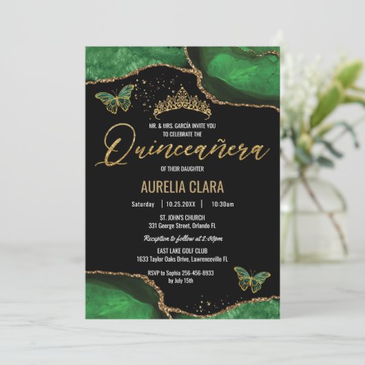 Quinceañera Emerald Green Agate Marble Butterflieg Einladung (Stehend Vorderseite)
