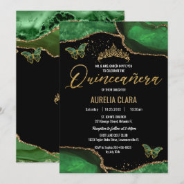 Quinceañera Emerald Green Agate Marble Butterflieg Einladung