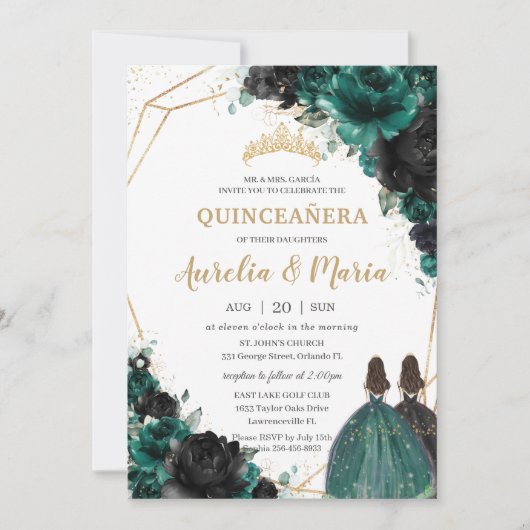 Quinceañera Emerald Green Black Floral Rose Twins Einladung (Vorderseite)