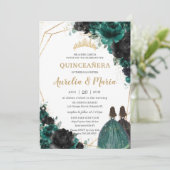 Quinceañera Emerald Green Black Floral Rose Twins Einladung (Stehend Vorderseite)
