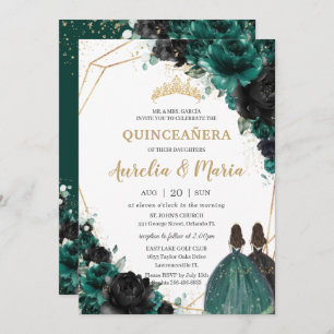 Quinceañera Emerald Green Black Floral Rose Twins Einladung