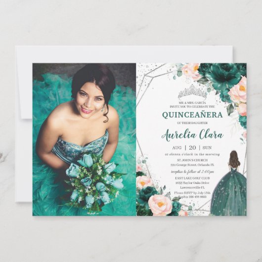 Quinceañera Emerald Green Blush Einladung (Vorderseite)