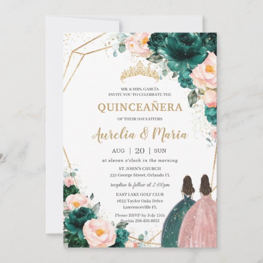 Quinceañera Emerald Green Blush Floral Twins Einladung (Vorderseite)