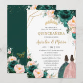 Quinceañera Emerald Green Blush Floral Twins Einladung (Vorne/Hinten)