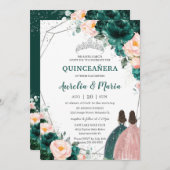 Quinceañera Emerald Green Blush Floral Twins Einladung (Vorne/Hinten)