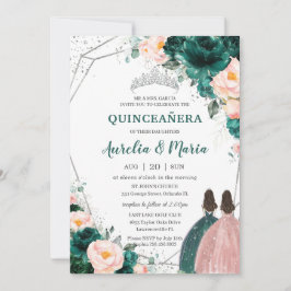 Quinceañera Emerald Green Blush Floral Twins Einladung