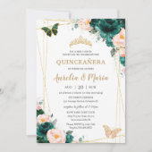Quinceañera Emerald Green Blush Floral Twins Einladung (Vorderseite)