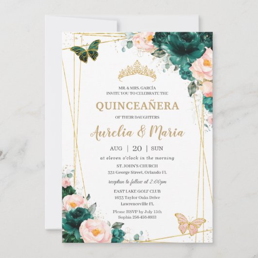 Quinceañera Emerald Green Blush Floral Twins Einladung (Vorderseite)