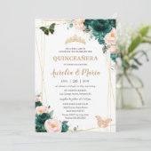 Quinceañera Emerald Green Blush Floral Twins Einladung (Stehend Vorderseite)