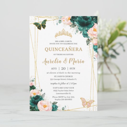 Quinceañera Emerald Green Blush Floral Twins Einladung (Stehend Vorderseite)