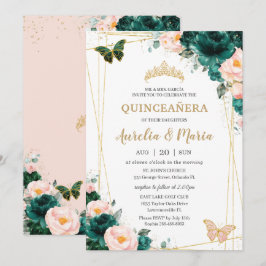 Quinceañera Emerald Green Blush Floral Twins Einladung