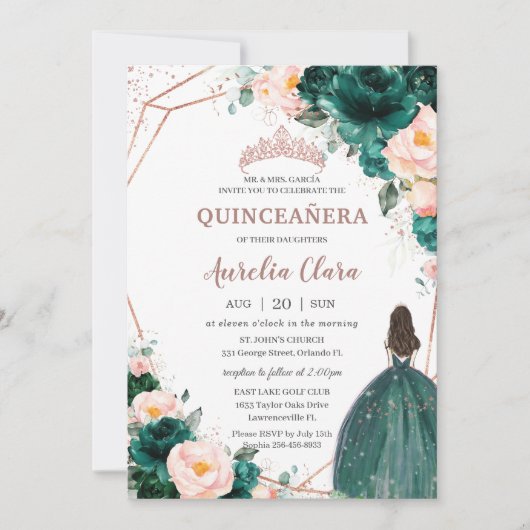 Quinceañera Emerald Green Blush Rose Gold Einladung (Vorderseite)