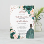Quinceañera Emerald Green Blush Rose Gold Einladung (Stehend Vorderseite)