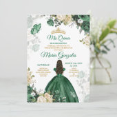 Quinceañera Emerald Green Butterfly Gold Crown Einladung (Stehend Vorderseite)