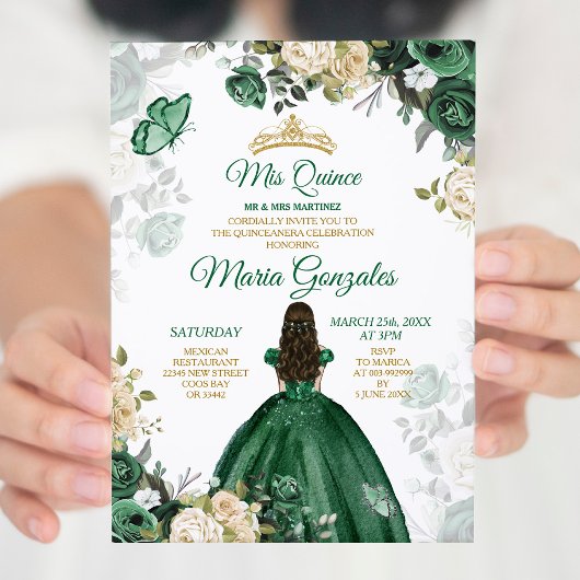Quinceañera Emerald Green Butterfly Gold Crown Einladung