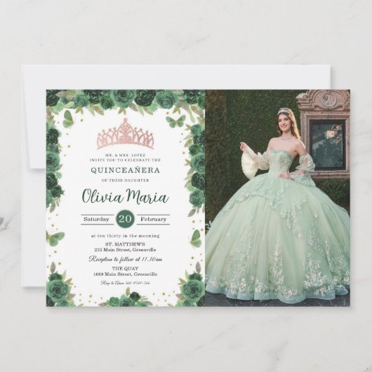 Quinceañera Emerald Green Floral Butterfells Foto Einladung (Vorderseite)