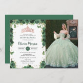 Quinceañera Emerald Green Floral Butterfells Foto Einladung (Vorne/Hinten)