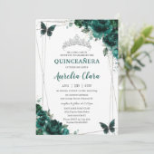 Quinceañera Emerald Green Floral Butterfliegen Tia Einladung (Stehend Vorderseite)