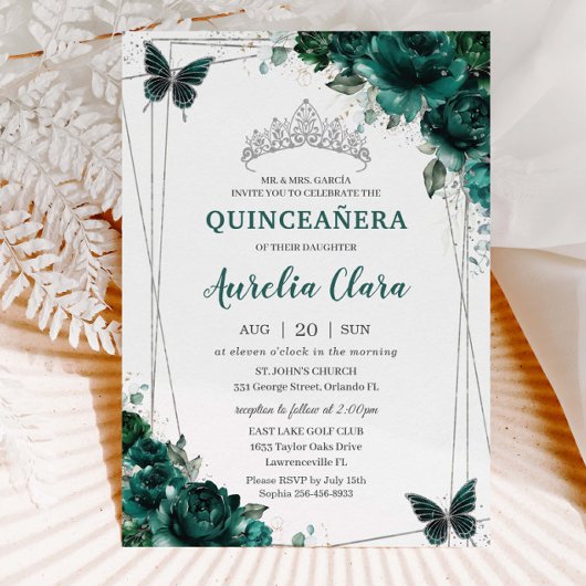 Quinceañera Emerald Green Floral Butterfliegen Tia Einladung